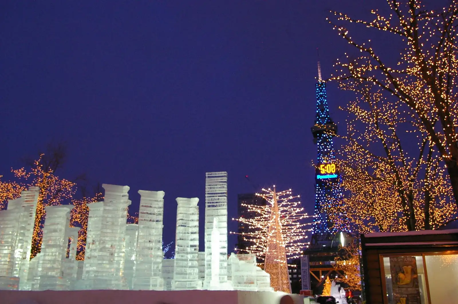Illuminated snow sculptures at a winter festival in Hokkaido in January